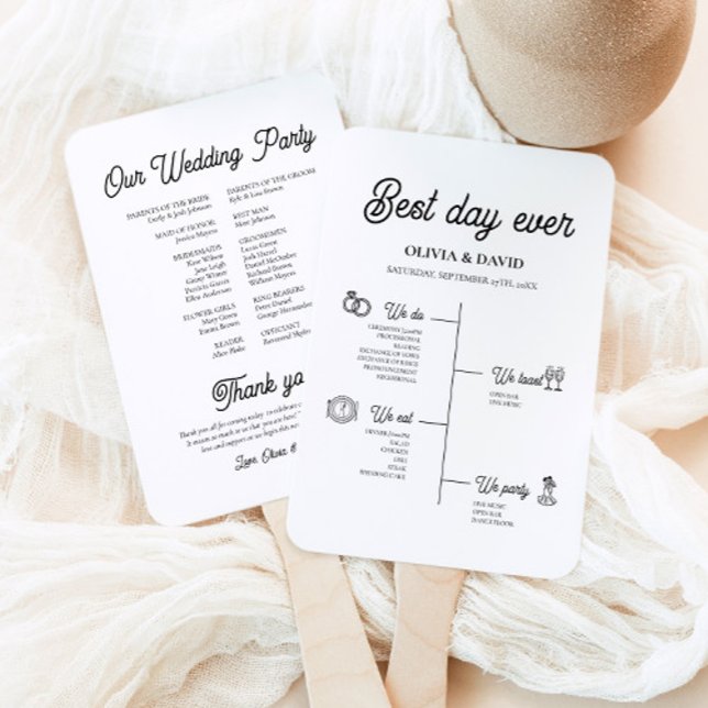 Elegant Best Day Ever Wedding Timeline Program Hand Fan (Modern Elegant Best Day Ever Wedding Timeline Program Hand Fan)