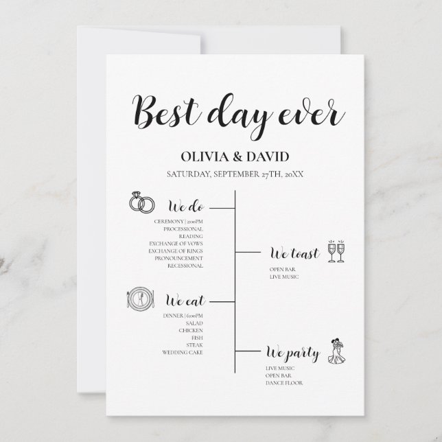 Elegant Best Day Ever Wedding Timeline Program Invitation (Front)
