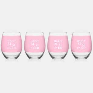 Elegant "Best Mum Ever" Cute Heart All Over Pink Stemless Wine Glass