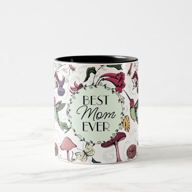 Elegant Best Mum Ever Modern Hummingbird & Flowers Two-Tone Coffee Mug (Center)