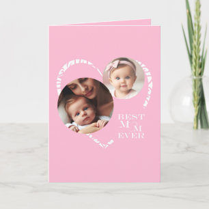 Elegant "Best Mum Ever" Pink & White Heart 3-Photo Note Card