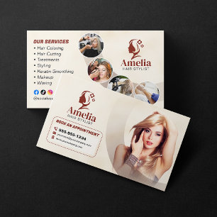 Elegant Biege Hair Stylist Salon Makeup Waxing Business Card