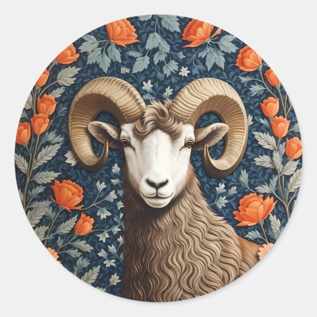Elegant Big Horn Sheep William Morris Inspired  Classic Round Sticker (Front)
