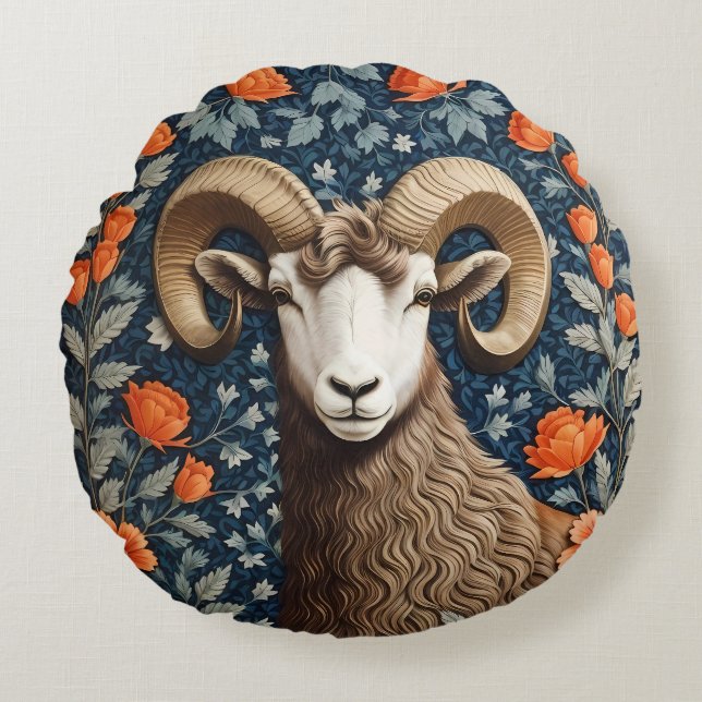 Elegant Big Horn Sheep William Morris Inspired  Round Cushion (Front)