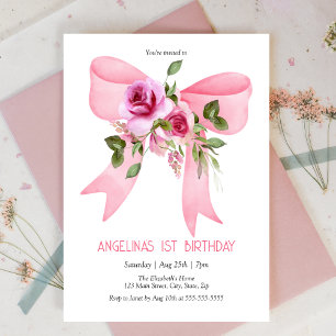 Elegant Big Pink Bow Rose Floral Birthday Invitation