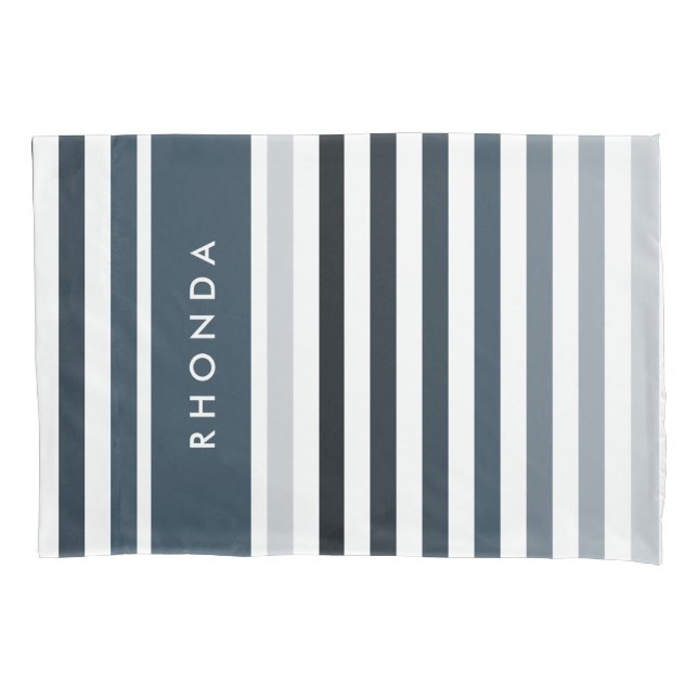 Elegant Big Stripes With Name in Steel Blue Pillowcase (Front)