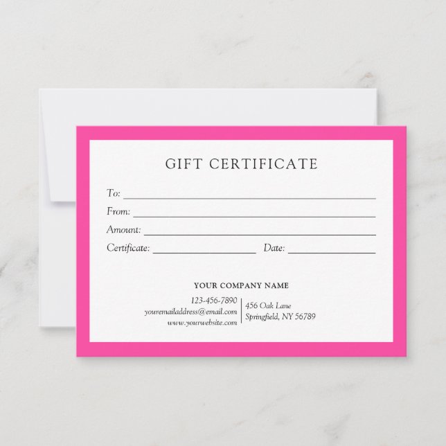 Elegant Bight Pink Business Gift Certificate Logo (Front)
