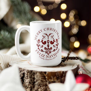 Elegant Bilingual Burgundy Birds Christmas Coffee Mug