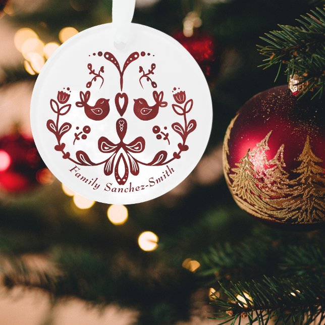 Elegant Bilingual Burgundy Birds Christmas Ornament (Christmas Bilingual Ornament, Spanish, custom family name Español Multilingual Project)