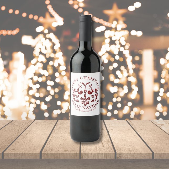 Elegant Bilingual Burgundy Birds Christmas Wine Label (Bilingual custom text, birds, Merry Christmas-Feliz Navidad wine bottle label. Multilingual project)