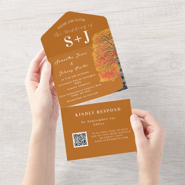 Elegant Birch Tree Fall QR Code Wedding RSVP All In One Invitation (Tearaway)