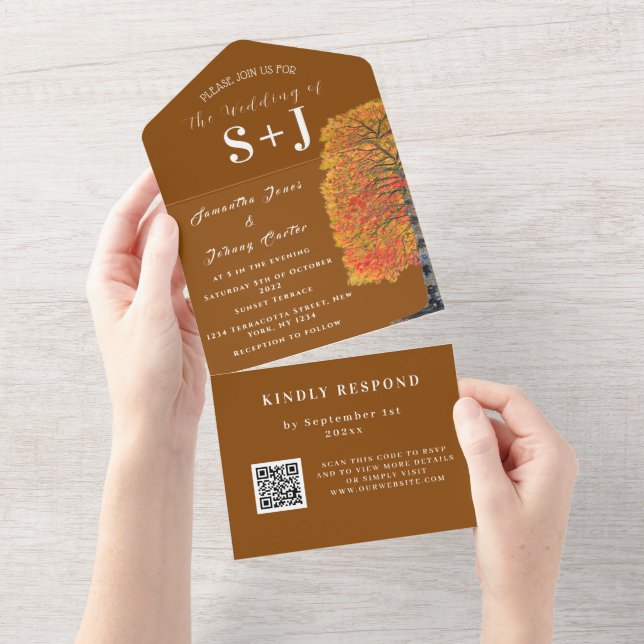 Elegant Birch Tree Fall QR Code Wedding RSVP All In One Invitation (Tearaway)