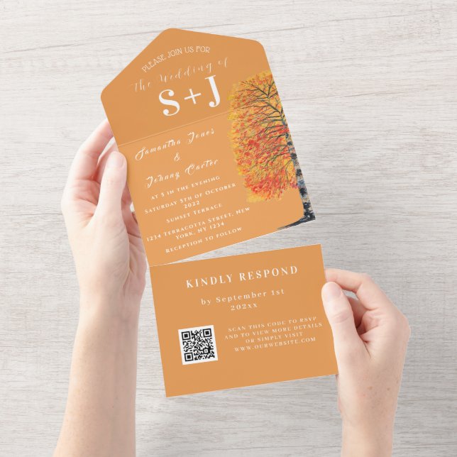 Elegant Birch Tree Fall QR Code Wedding RSVP All In One Invitation (Tearaway)