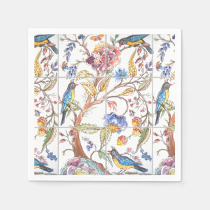 Elegant Bird Floral Tile Multicolor Chinoiserie Napkin