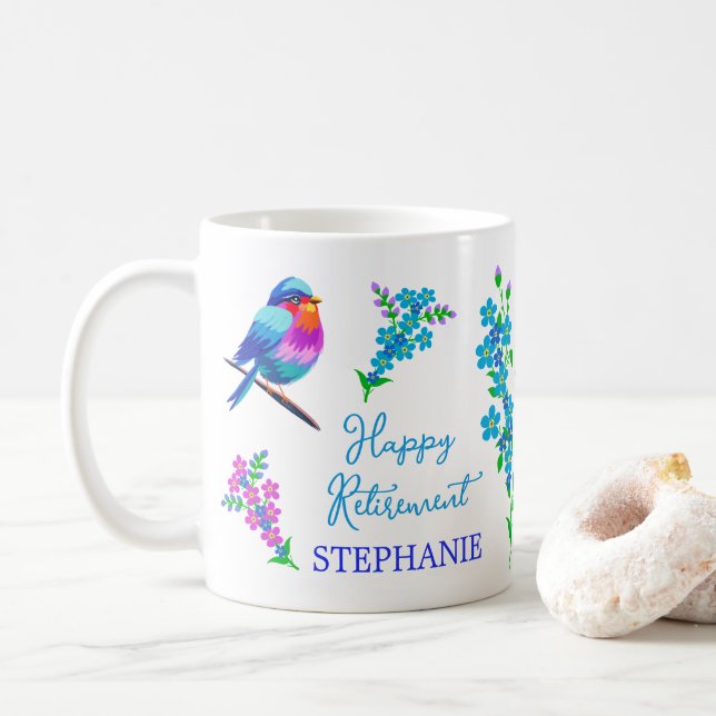 Elegant Bird Forget Me Not Floral Happy Retirement Coffee Mug (With Donut)