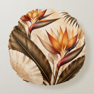 Elegant Bird of Paradise & Ginkgo Botanical Artwor Round Cushion