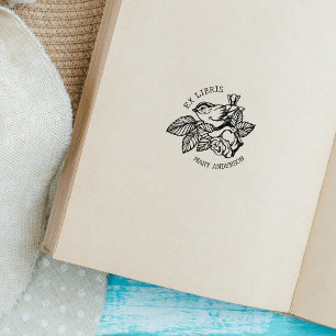 Elegant Bird with Flower Book Ex Libris  Rubber Stamp
