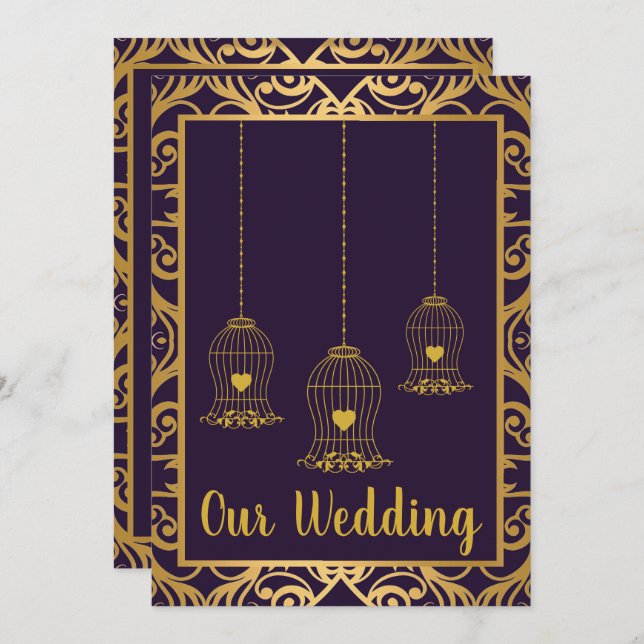 ELEGANT BIRDCAGE NAVY GOLD ABSTRACT WEDDING INVITATION (Front/Back)