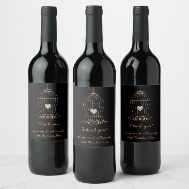 ELEGANT BIRDCAGE RUSTIC BLACK GOLD 2  CUSTOMIZABLE WINE LABEL (Bottles)