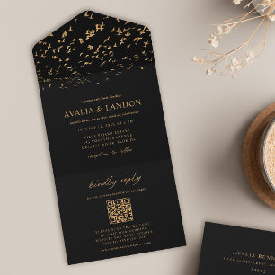 Elegant Birds Black and Gold Wedding QR Code All In One Invitation