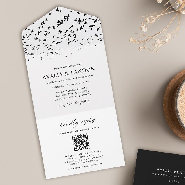 Elegant Birds Black and White Wedding QR Code All In One Invitation (Creator Uploaded)