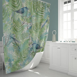 Elegant Birds Dragonflies Blue Fern Plants Floral Shower Curtain