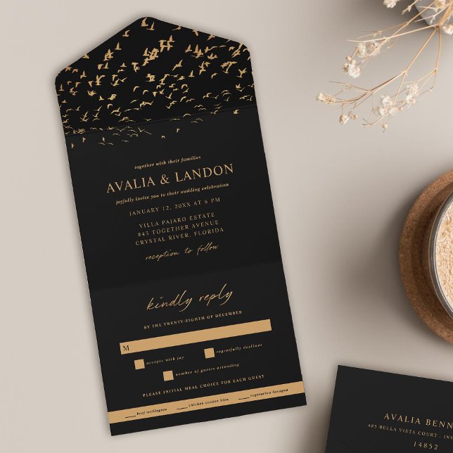 Elegant Birds of a Feather Black and Gold Wedding All In One Invitation (Creator Uploaded)