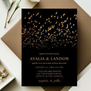 Elegant Birds of a Feather Black and Gold Wedding Invitation