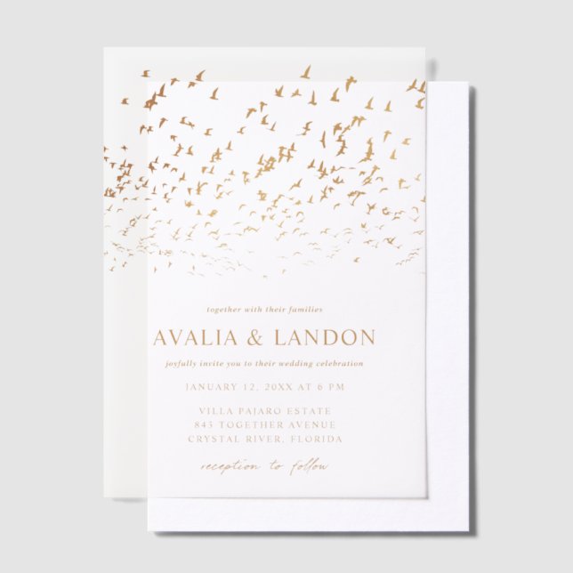 Elegant Birds of a Feather Black and Gold Wedding Vellum Invitations (Offset)