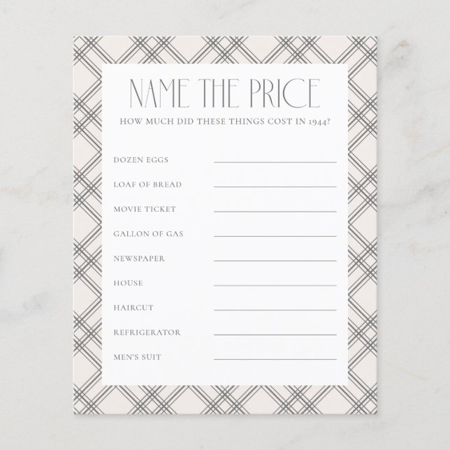 Elegant Birth Year Name the Price Game (Front)