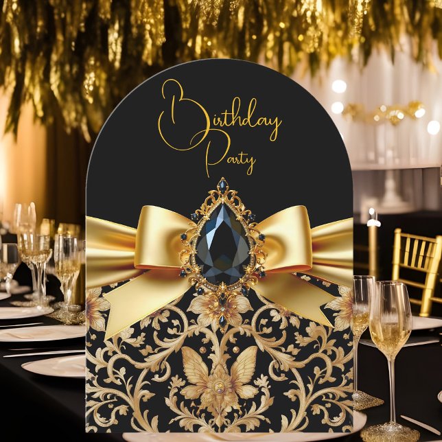 Elegant Birthday Black Gold Bow Jewel Damask Invitation (Creator Uploaded)