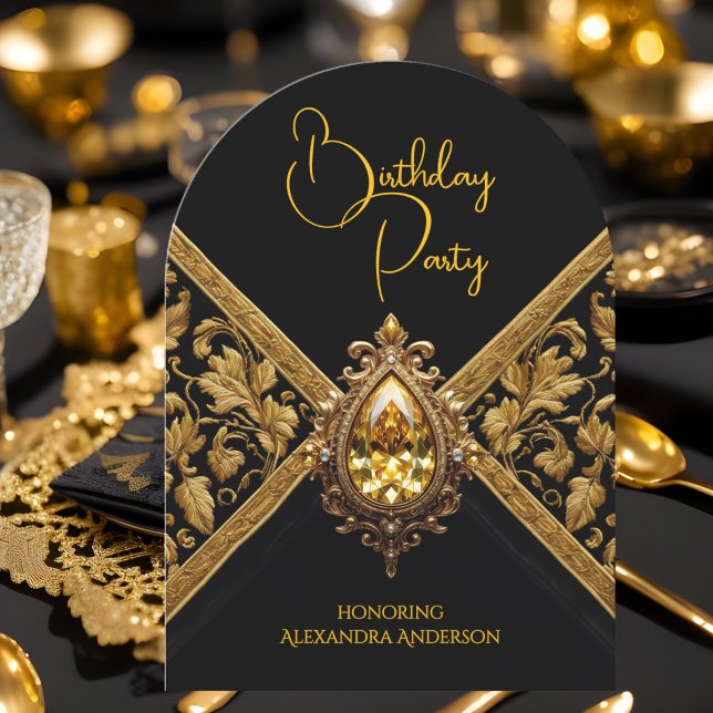 Elegant Birthday Black Gold Jewel Fabric Invitation (Creator Uploaded)