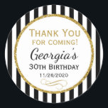 Elegant Birthday Black Gold Thank You Favour Tags<br><div class="desc">Elegant birthday stickers featuring black and white stripes with sophisticated gold glitter accent frame. These fashionable and stylish birthday stickers will be a hit for any birthday party decor or as favour tags. Great for 21st 30th 35th 40th 45th 50th 60th 65th 70th 75th 80th 85th 90th 95th, 100 and...</div>