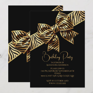 Elegant Birthday Black Gold Wild Zebra Stripe Bow Invitation