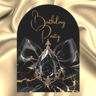 Elegant Birthday Black Marble Bow Gold Jewel Invitation