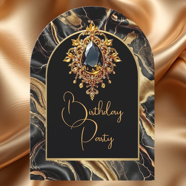 Elegant Birthday Black Marble Gold Jewel  Invitation (Creator Uploaded)