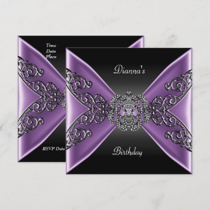 Elegant Birthday Black Purple Jewel Silver Invitation