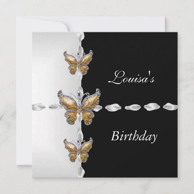 Elegant Birthday Black White Gold Bronze Butterfly Invitation (Front)