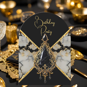 Elegant Birthday Black White Marble Gold Jewel Invitation