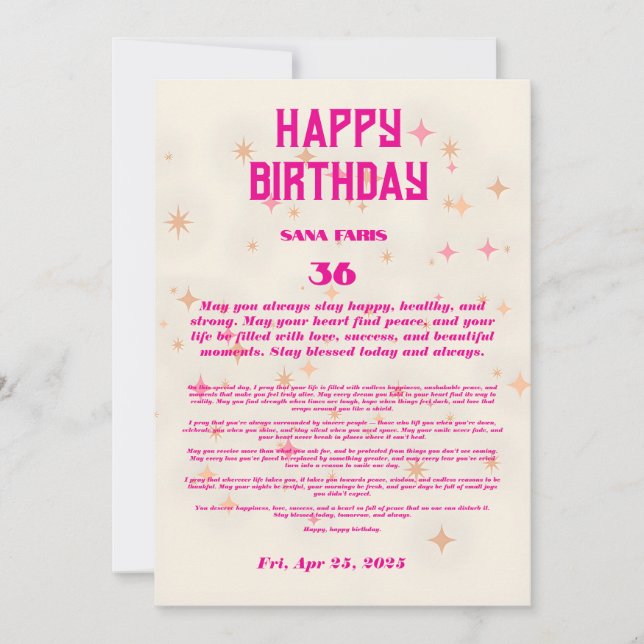 Elegant Birthday Blessing Card– Pink & Gold Stars  Invitation (Front)