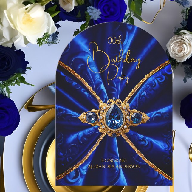 Elegant Birthday Blue Gold Jewel Faux Velvet Invitation (Creator Uploaded)