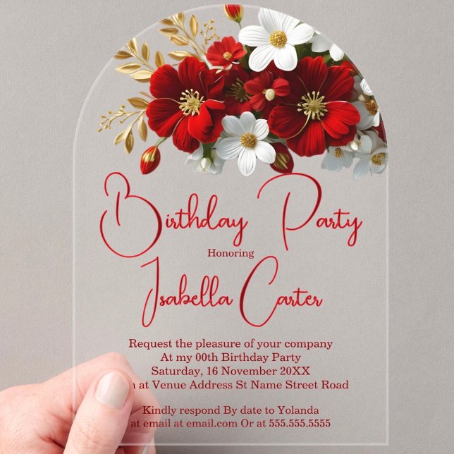 Elegant Birthday Bright Red White Gold Floral Acrylic Invitations (Creator Uploaded)