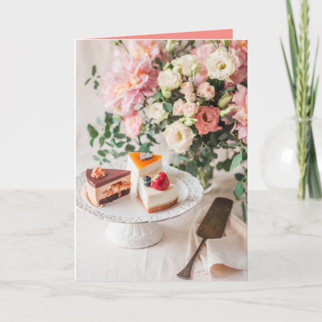 Elegant Birthday Cake and Floral Bouquet Card (Front)