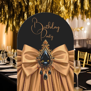 Elegant Birthday Caramel Gold Jewel Bow Black Invitation