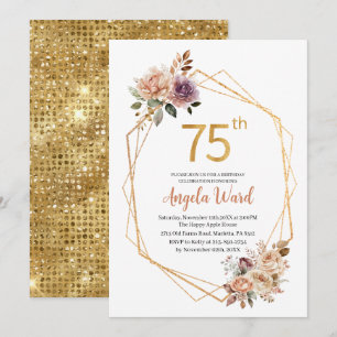 Elegant birthday celebration beige flowers glitter invitation