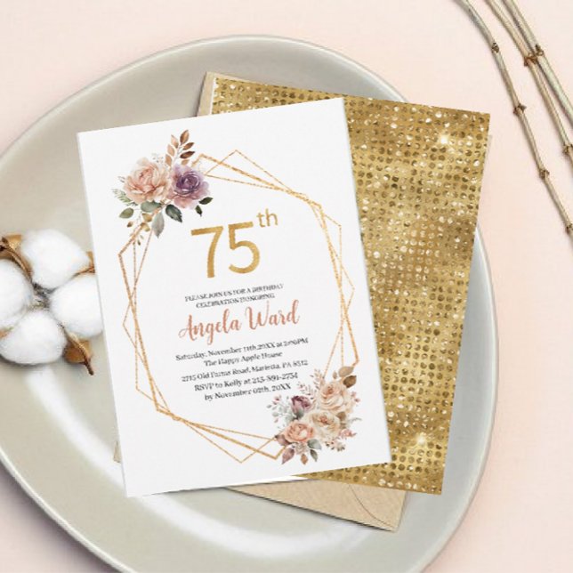 Elegant birthday celebration beige flowers glitter invitation (Creator Uploaded)