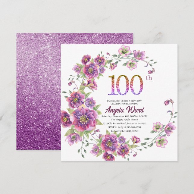 Elegant birthday celebration  floral glitter 100  invitation (Front/Back)