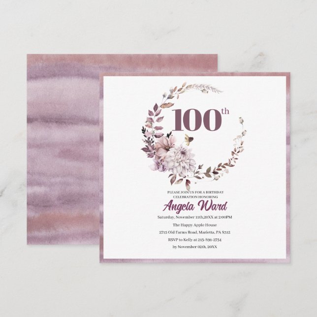 Elegant birthday celebration  floral glitter 100th invitation (Front/Back)