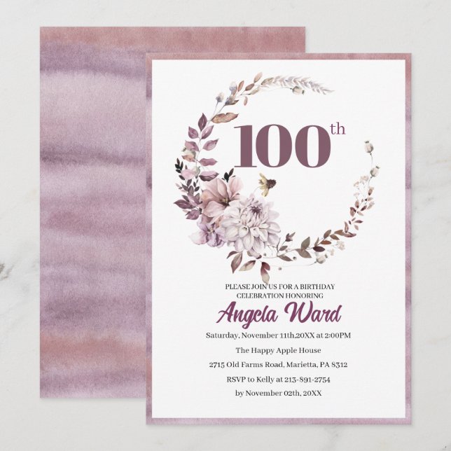 Elegant birthday celebration  floral glitter 100th invitation (Front/Back)