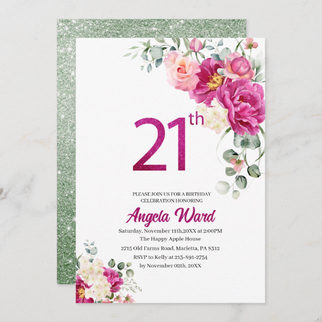 Elegant birthday celebration  floral glitter 21th invitation (Front/Back)
